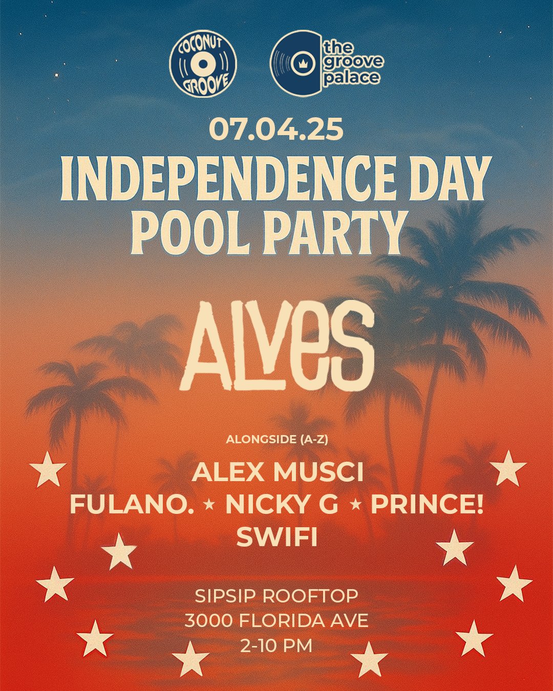 4th of July day pool party flyer with sunset palette and palm silhouettes