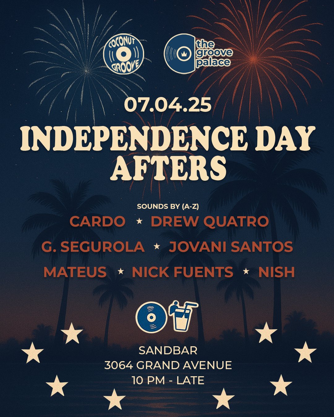 Independence Day Afters night flyer with navy sky, fireworks, and red palm silhouettes