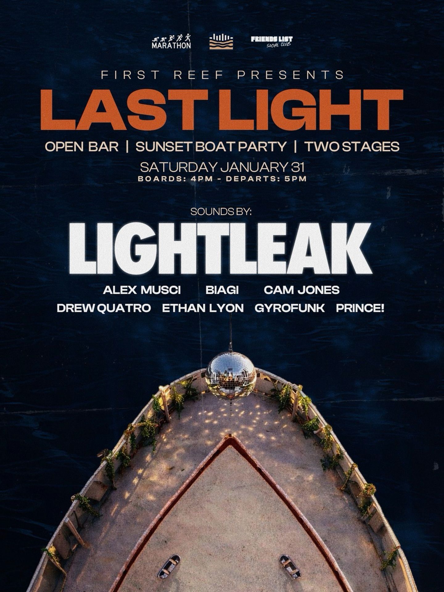 First Reef Last Light hero flyer with disco ball boat shot and LIGHTLEAK headlining
