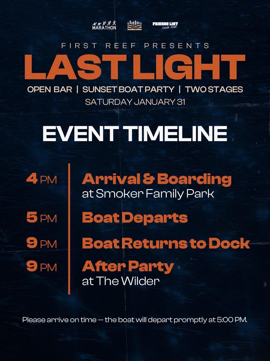First Reef event timeline from boarding to after party