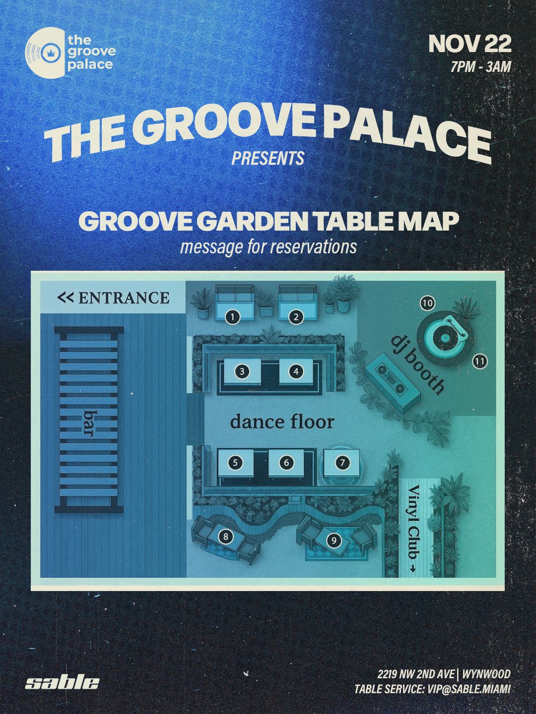 Sable 11.22 Groove Garden table map for reservations