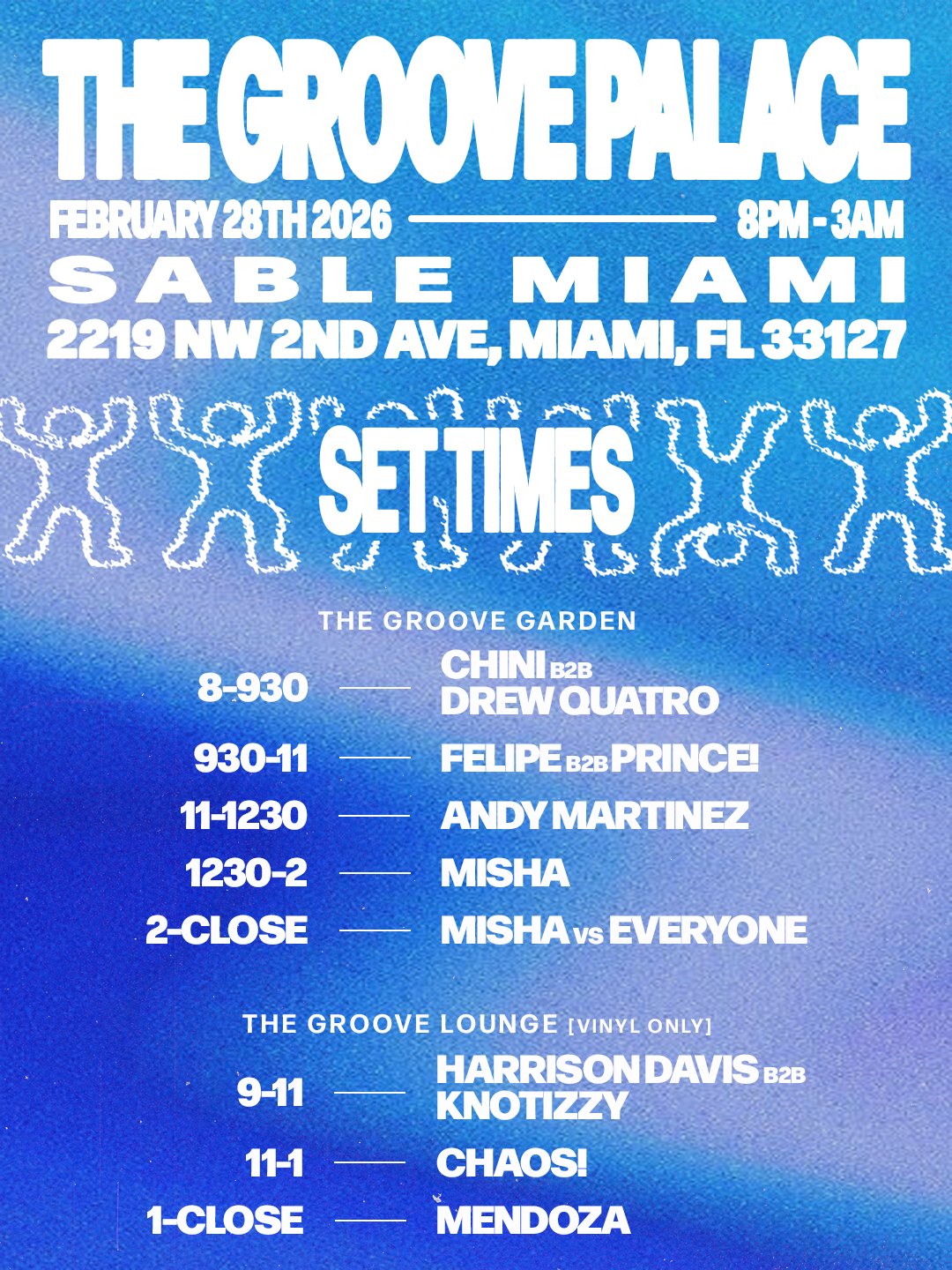 Sable 2.28 set times card across both rooms
