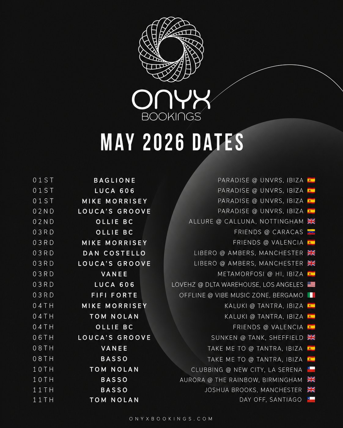 Onyx Bookings May 2026 monthly schedule grid